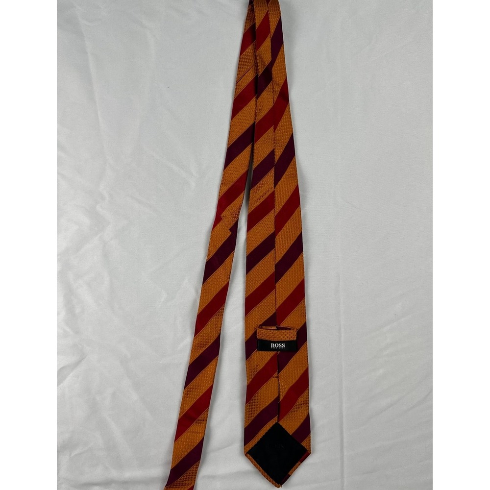 BOSS Hugo Boss Mens Silk Cotton Stripe Tie Burgundy Orange Luxury